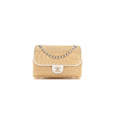 CHANEL RAFFIA LAMBSKIN SMALL FLAP BAG BEIGE WHITE AS6017 (23*16*8cm)